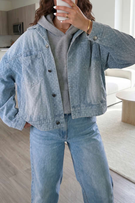 Sky Blue Polka Dot Denim Jacket Long Sleeve Collar Pocket Casual Shift Silhouette