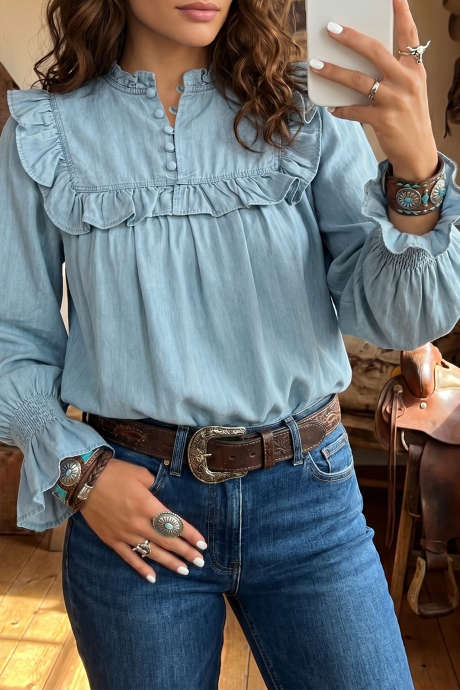 Blus Chambray Lengan Panjang Leher V Berkerut Gaya Barat Warna Biru Cantik