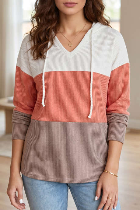 Pull à capuche côtelé à manches longues avec motif flamme dorée et blocs de couleur