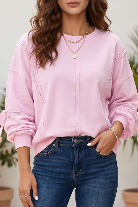 Sweat-shirt ample et décontracté rose uni à coutures apparentes et détails en dentelle