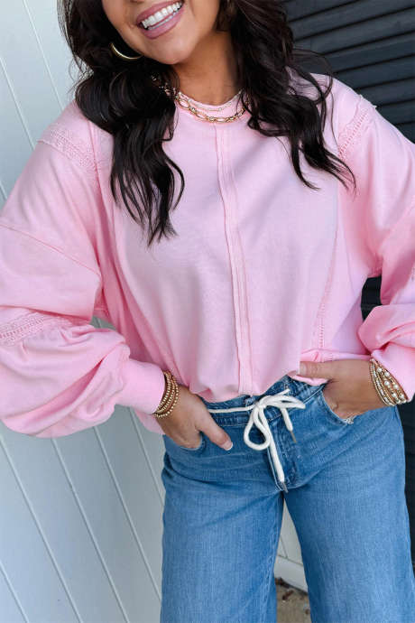 Sudadera informal holgada de color rosa liso con detalle de encaje y costuras sin rematar LC25321694-P10