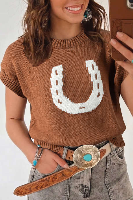 Chestnut Western na Disenyo ng Horseshoe Maikling Manggas na Knit Sweater