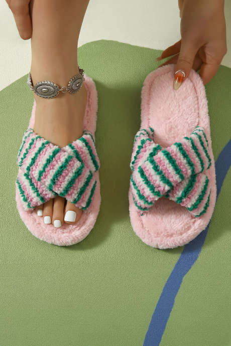 Pink Striped Cross Band Soft Plush Open Toe Slippers BH024452-P10