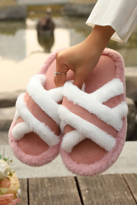 Pink Plus Contrast Trim Crossed Band Open Toe Casual Slippers BH024462-P10