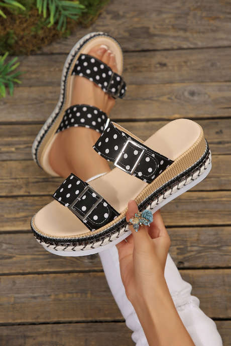 Schwarze Plateau-Slipper mit Polka-Dot-Muster, doppelten Schnallenriemen und Aussparungen