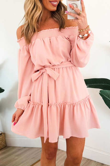 Light Pink Elastic Off Shoulder Long Sleeve Knot Ruffle Hem Mini Dress