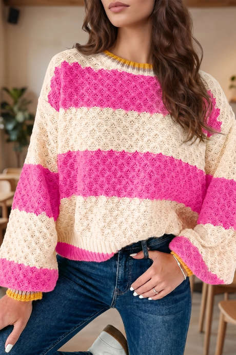 Pink Stripe Color Block Textured Knit Drop Shoulder Loose Pullover Sweater