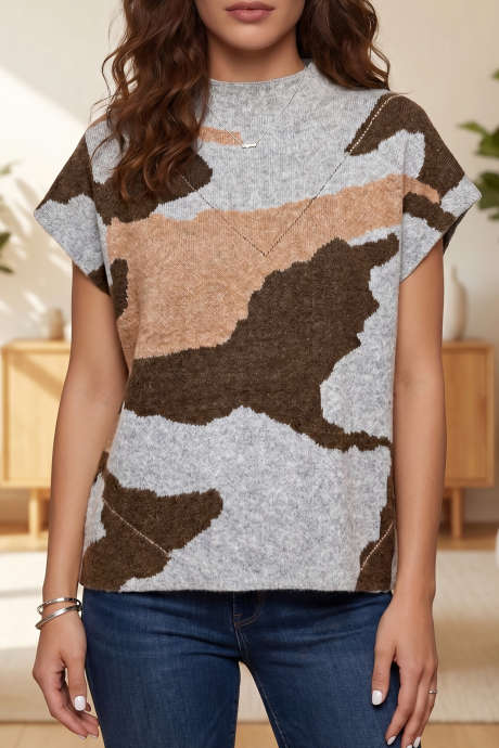Gray Camouflage Pattern Drop Shoulder High Neck Short Sleeve Shift Sweater