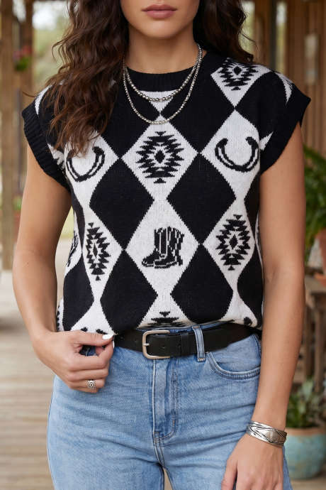 Black Western Print Drop Shoulder Short Sleeve Knit Tee