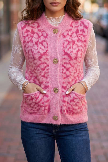 Gilet sans manches en maille à imprimé léopard rose, lavage classique