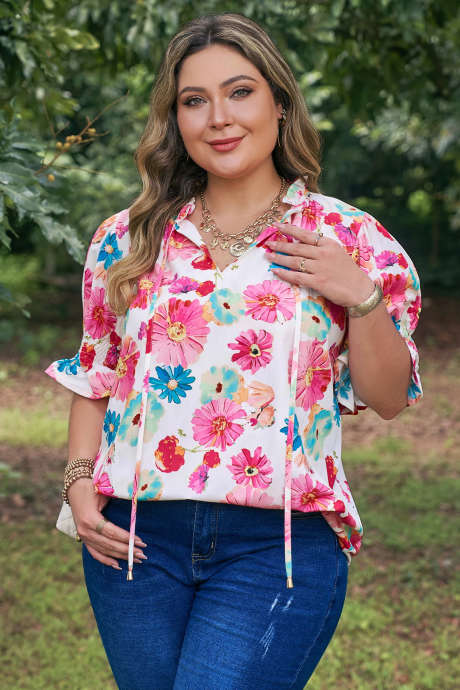 Pink Plus Size Floral Print Ruched Short Sleeve Blouse PL2515283-P1020