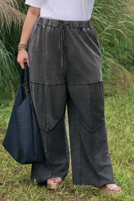 Black Plus Size Mineral Wash Exposed Seam Patchwork Drawstring Loose Pants PL7713713-P2