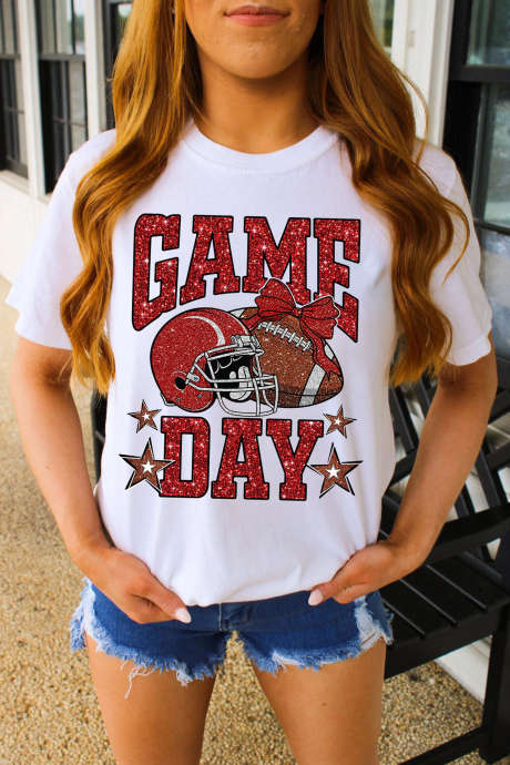 White Glitter GAME DAY Rugby Printed Short Sleeve Casual Tee