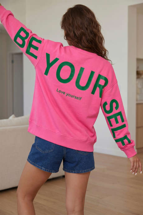 Sweatshirt Lengan Panjang Leher Bulat dengan Motif Slogan Warna Pink Sachet
