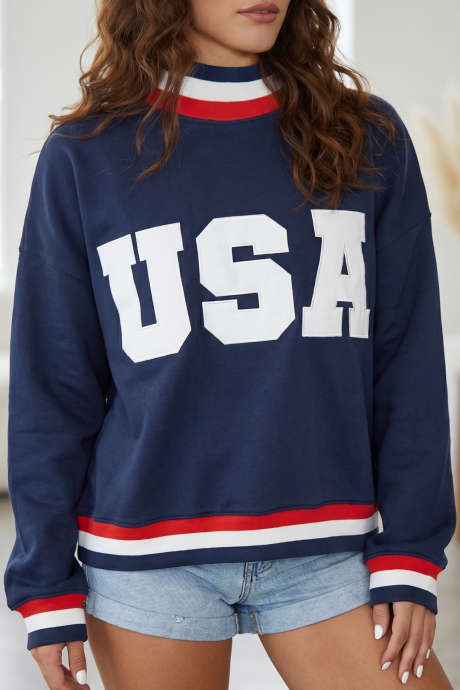 Skittenblå genser med USA-slagord og broderi, fargeblokker og høy hals, langermet LC25321554-P1005