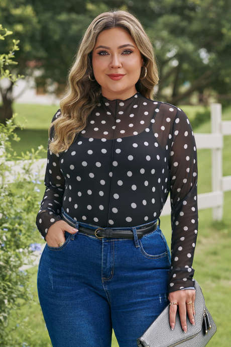Black Plus Size Mock Neck Polka Dot Long Sleeve Mesh Top PL25135311-P220