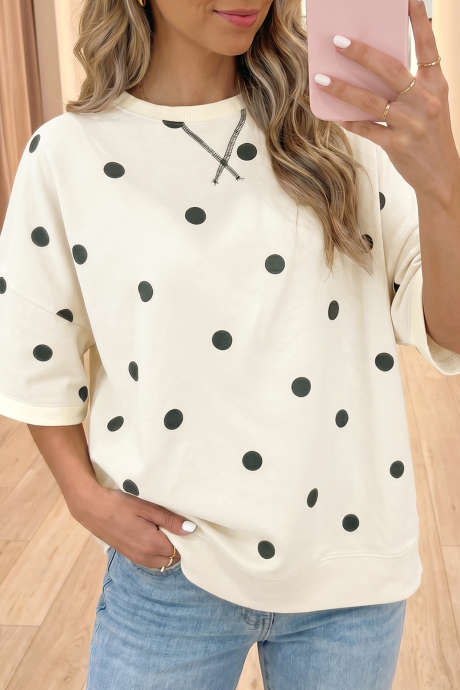 Beige Polka Dot Print Crossed Seam Detail Oversize Tee