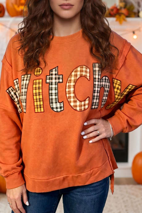Tunik Sweatshirt dengan Bordir Slogan Kotak-kotak Bertema Penyihir Halloween Flamingo
