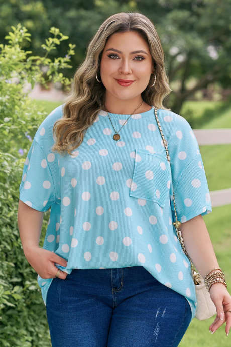 Sky Blue Twisted Rib Polka Dot Print Plus Size T Shirt PL25231244-P420