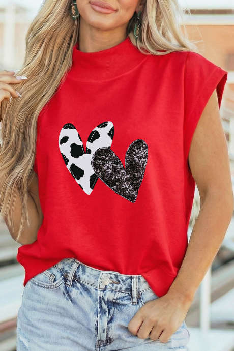 Racing Red Sequin Cow Pattern Hearts High Neck Cap Sleeve Top