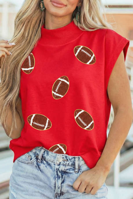 Racing Red Casual Short Sleeve High Neck Football Print Tunic Pullover