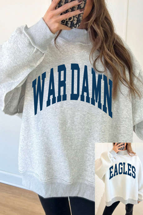 Svetlo siva pulover z visokim ovratnikom in dvostranskim potiskom WAR DAMN/ EAGLES