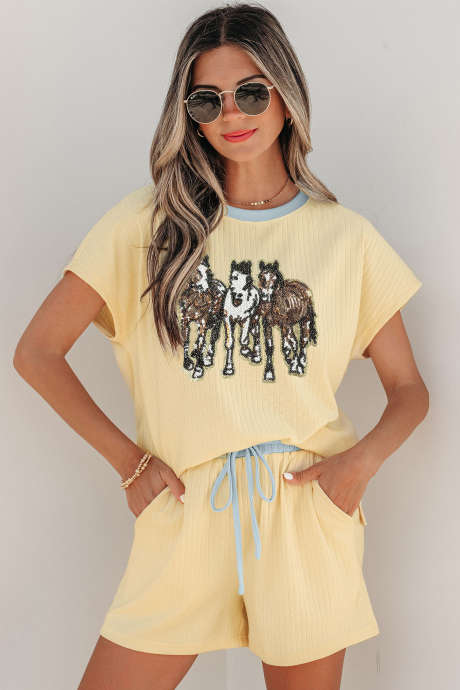 Yellow Cream Ribbed Knit Two Piece Set Sequin Horse Patched Casual Short Set LC6210096-P107