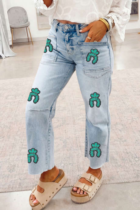 Beau Blue Turquoise Embroidered Patch Jeans Raw Hem Ankle-length Jeans LC7877456-P804
