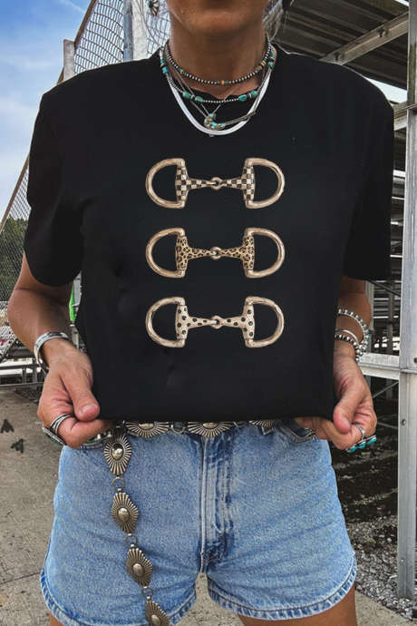 Black Western Horse Bit Printed Relaxed T Shirt
