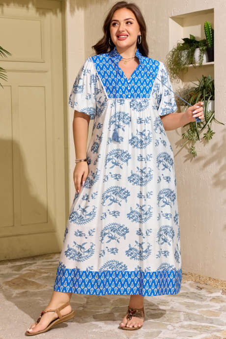 Sky Blue  Plus Size Floral Print Contrast Boho Patchwork V Neck Loose Midi Dress