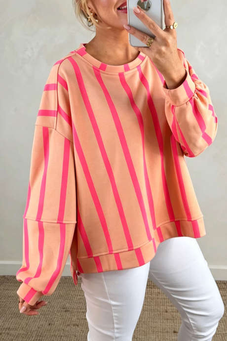 Áo sweatshirt cổ tròn vai rớt vai kẻ sọc hồng kiểu dáng thường ngày