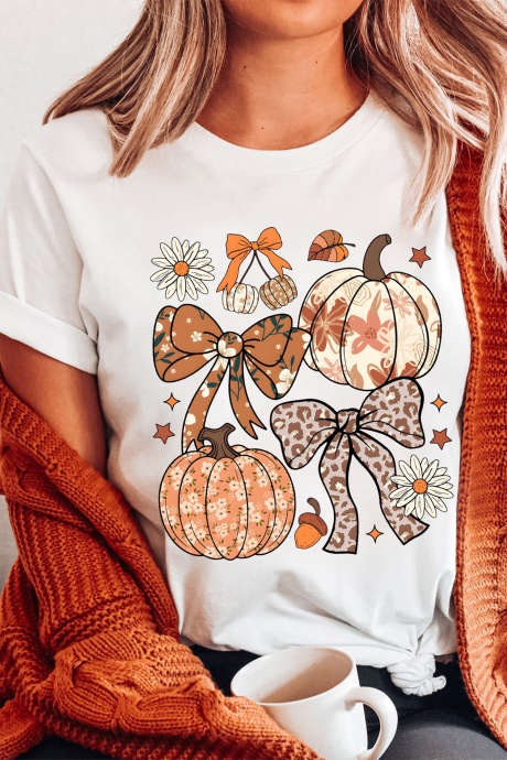 Weißes T-Shirt mit einzigartigem Leoparden-, Schleifen- und Kürbis-Grafik