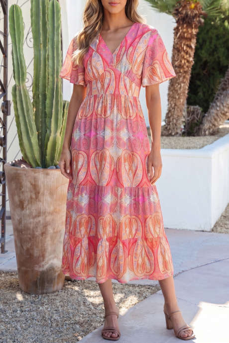 Multicolour Paisley Print V-Neck Short Sleeve Boho Maxi Dress with Ruffle Details LC6128748-P22