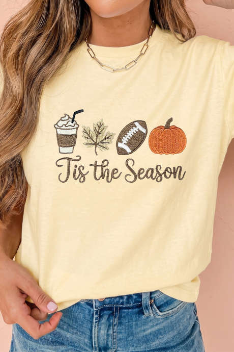 Gelb-cremefarbenes, lässiges Rundhals-T-Shirt mit bestickten Herbstmotiven.