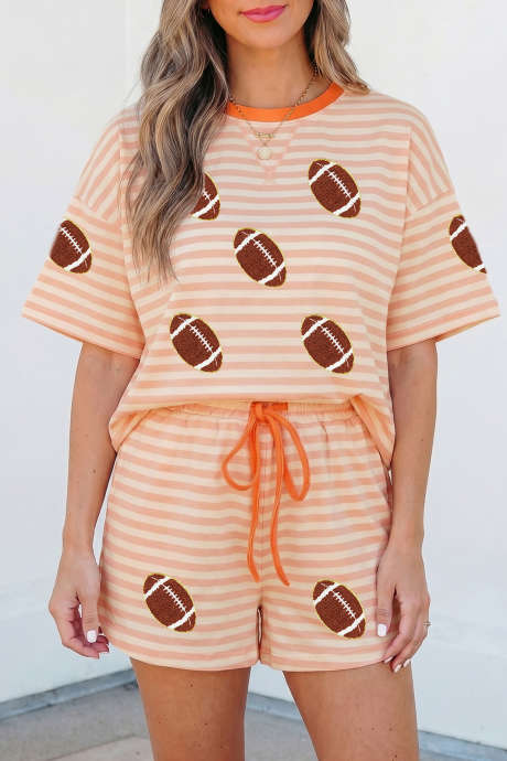 Casual Stripe Chenille Football Pattern Short Sleeve Two Piece Set