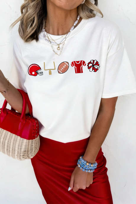 White Embroidered Game Day Theme Football Graphic Tee