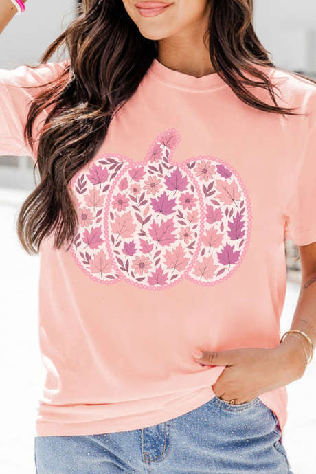 Pink Leafy Floral Pumpkin Graphic Casual Round Neck T Shirt