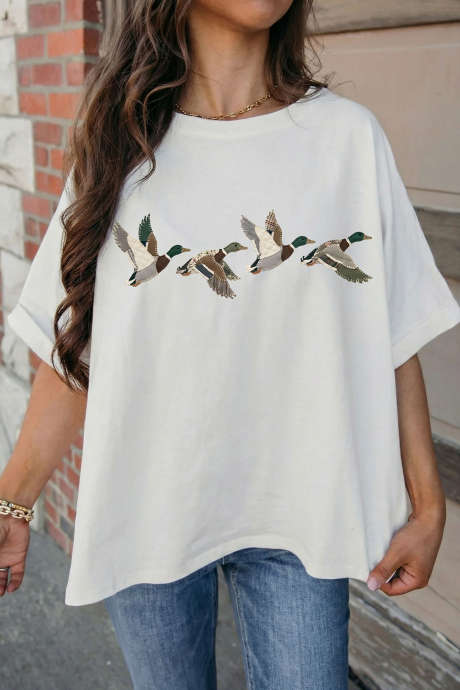 White Flying Mallard Duck Graphic Cuffed Sleeve Oversized Tee LC25232370-P1