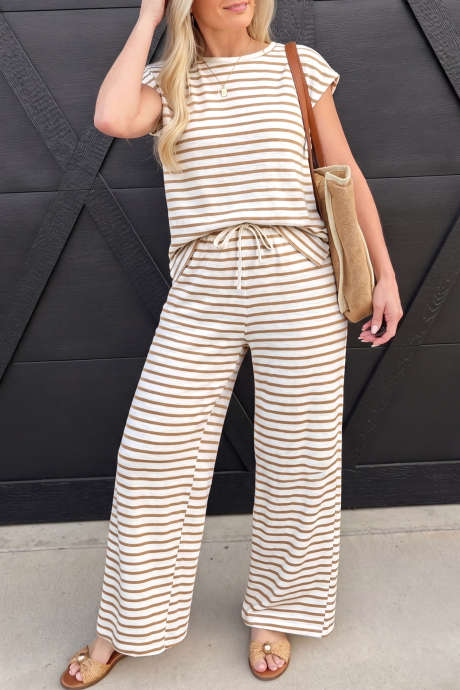 Khaki Stripe Cap Sleeve Tee Drawstring Shift Pants 2pcs Outfit