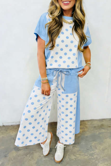 Sky Blue Color Block Patchwork Polka Dot Wide Leg Pant Set