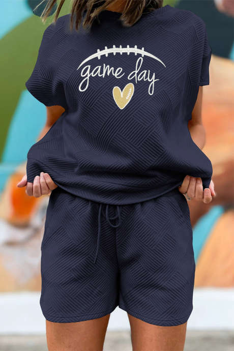Navy Blue Stylish Textured Game Day Embroidered Two Piece Shorts Set