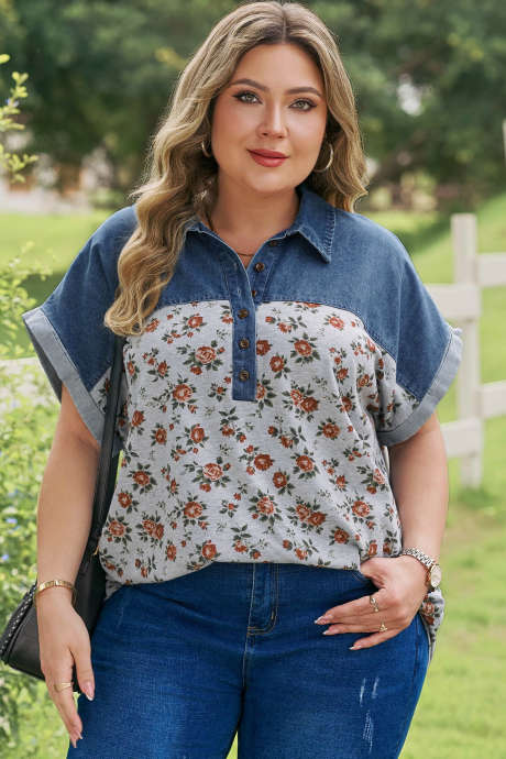 Camiseta polo de mezclilla con estampado floral retro gris y patchwork en talla grande