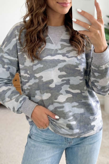 Multicolour Camouflage Long Sleeve Round Neck Shift Pullover Top