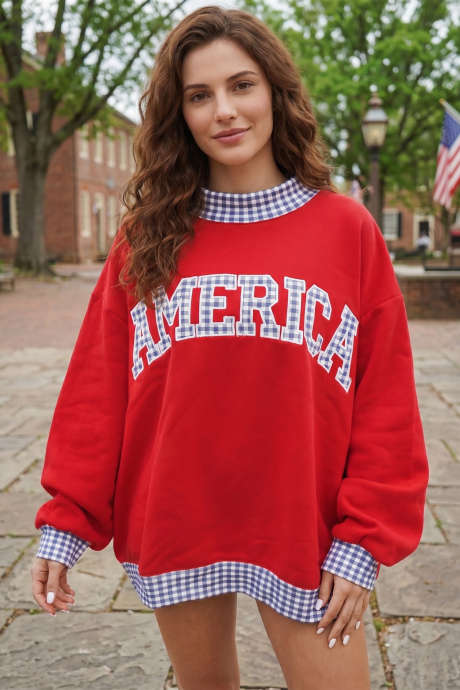 Fiery Red Plaid Trim High Neck AMERICA/ USA Letter Graphic Baggy Sweatshirt