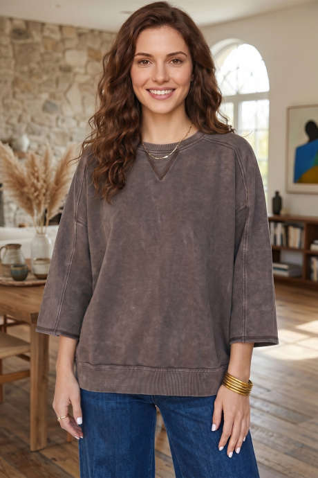 Dark Brown 3/4 Sleeve Mineral Wash Loose Cotton Top