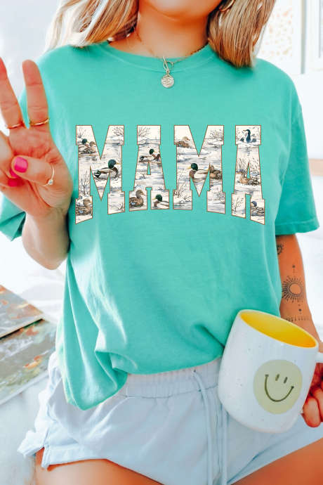 Kaos Grafis Bergambar Bebek Mallard Warna Hijau Mint dengan Tulisan MAMA