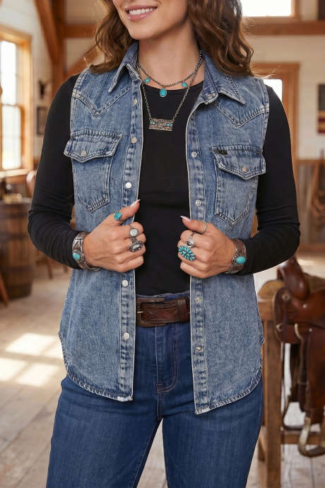 Gilet de cowboy sans manches en denim uni bleu Ashleigh avec poches boutonnées sur le devant LC790266-P604