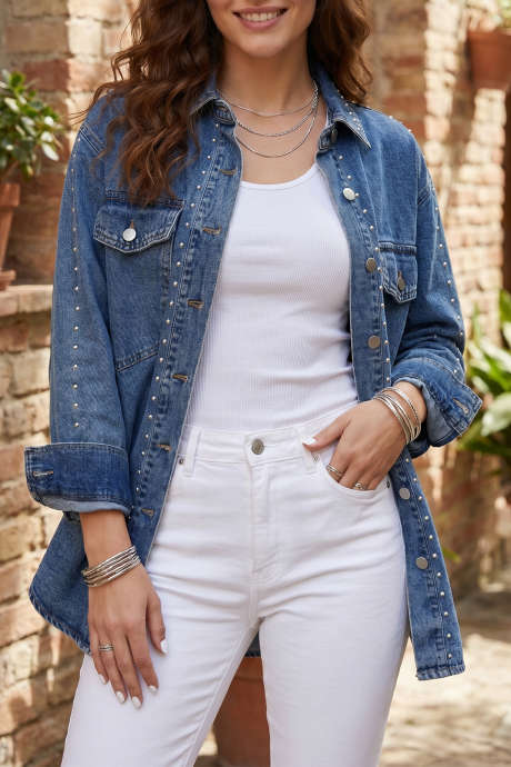 Veste en jean bleu marine à rivets, coupe classique, manches longues, style western