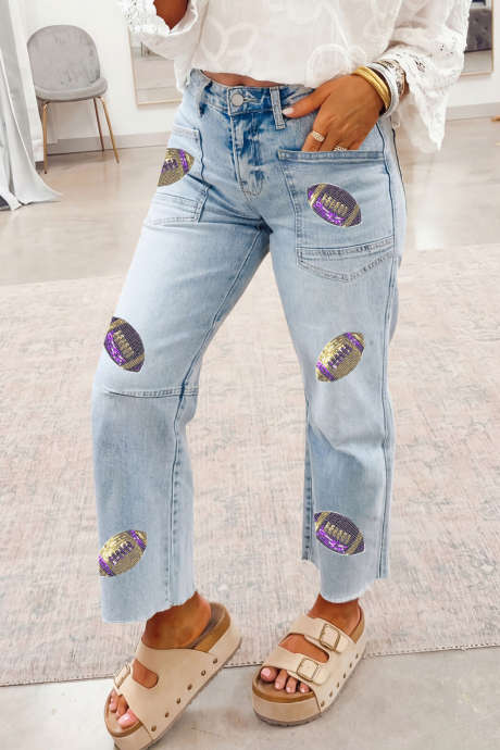 Beau Blue Sequin Rugby Patch Graphic Ankle Length Casual Jeans