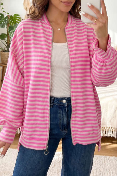 Pink Stripe Striped Zip-up Open Front Loose Fit Regular Length Hoodie